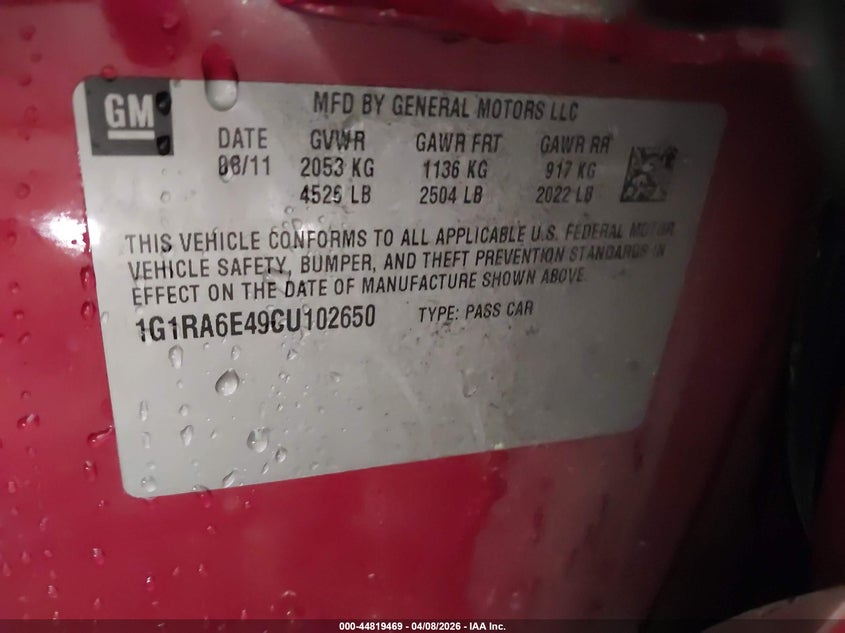 2012 Chevrolet Volt VIN: 1G1RA6E49CU102650 Lot: 44819469