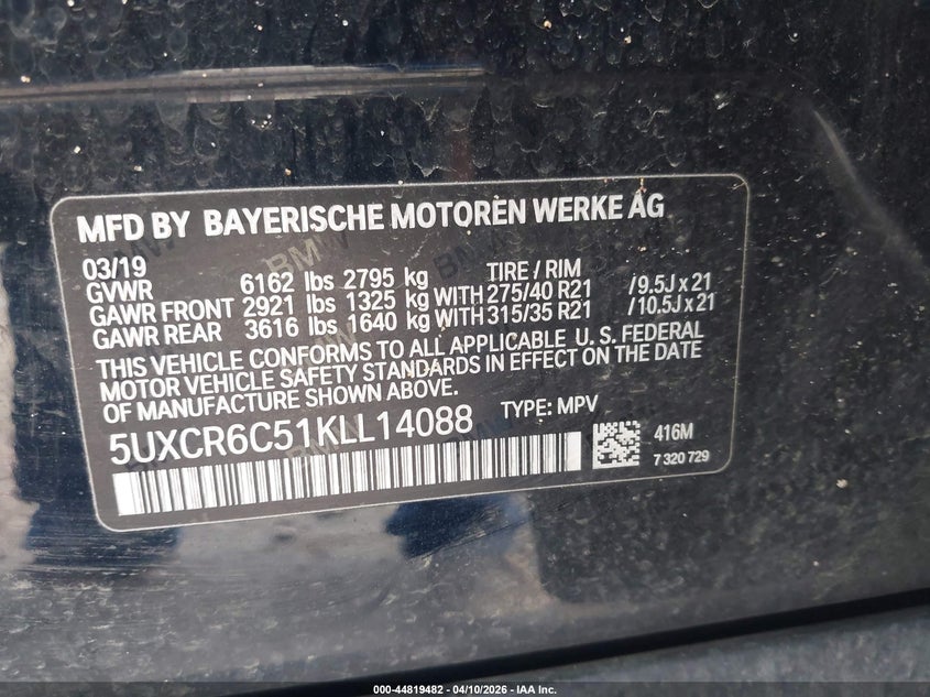 2019 BMW X5 xDrive40I VIN: 5UXCR6C51KLL14088 Lot: 44819482