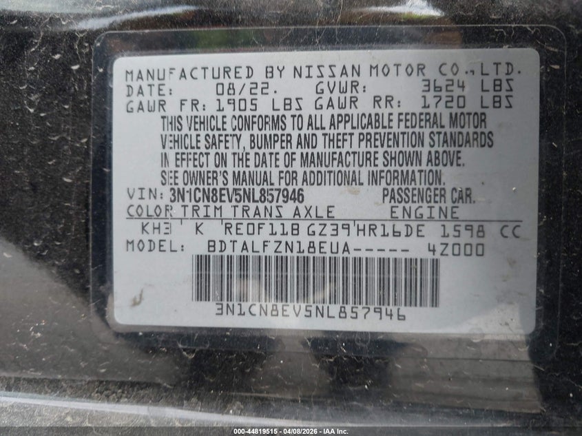 2022 Nissan Versa 1.6 Sv Xtronic Cvt VIN: 3N1CN8EV5NL857946 Lot: 44819515