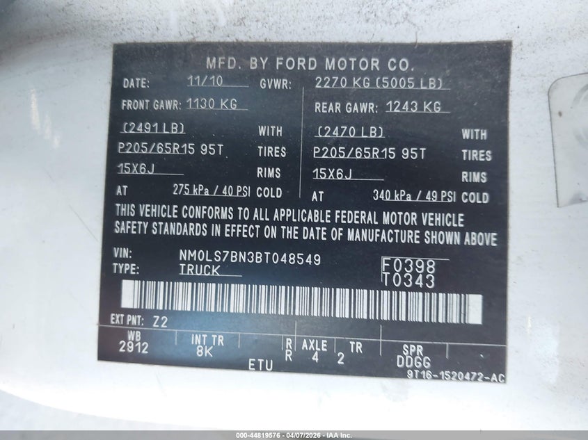 2011 Ford Transit Connect Xlt VIN: NM0LS7BN3BT048549 Lot: 44819576