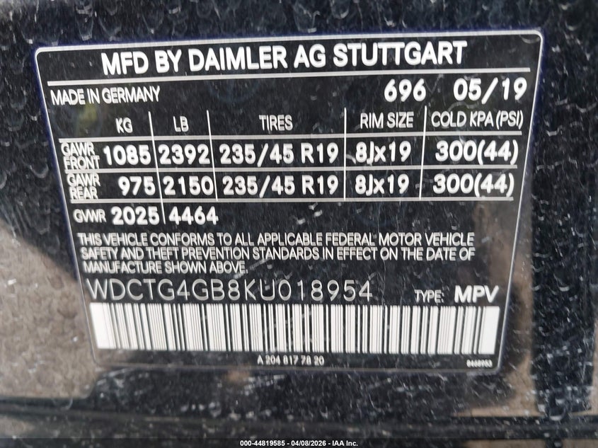 2019 Mercedes-Benz Gla 250 4Matic VIN: WDCTG4GB8KU018954 Lot: 44819585