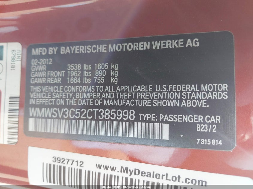 2012 Mini Cooper S VIN: WMWSV3C52CT385998 Lot: 44819601