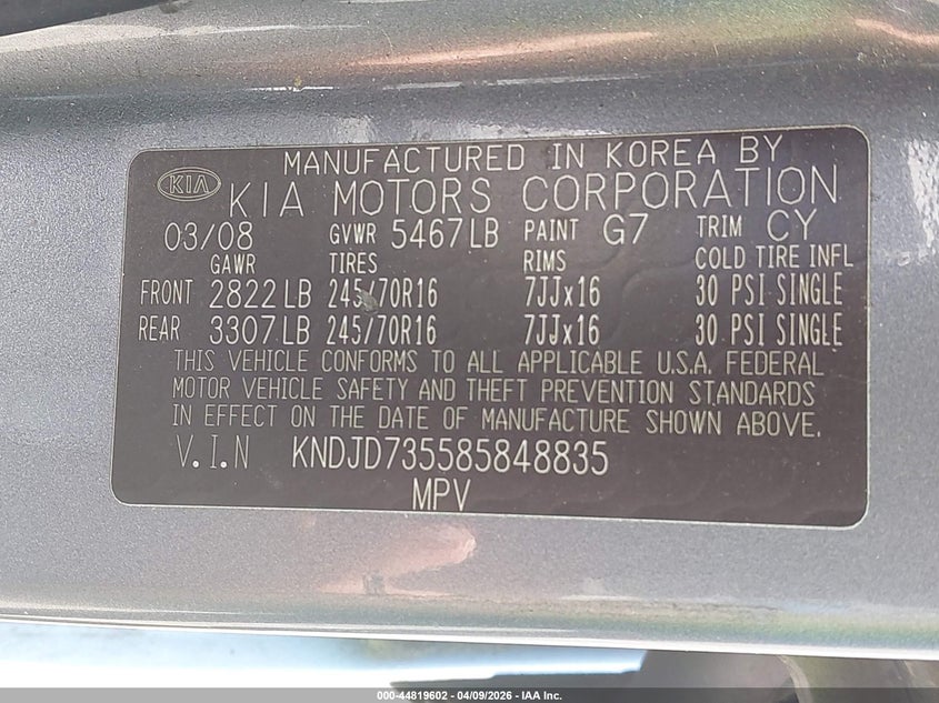 2008 Kia Sorento Lx Base VIN: KNDJD735585848835 Lot: 44819602