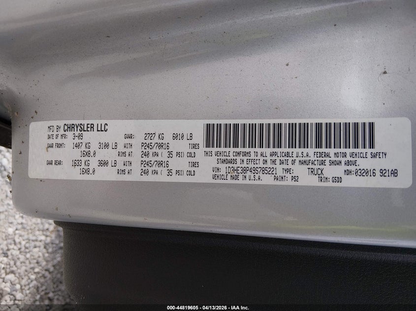 2009 Dodge Dakota Bighorn/Lonestar VIN: 1D3HE38P49S785221 Lot: 44819605
