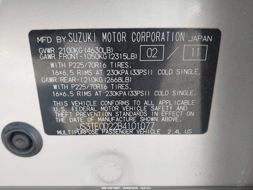 2011 Suzuki Grand Vitara Premium VIN: JS3TE0D22B4101077 Lot: 44819667