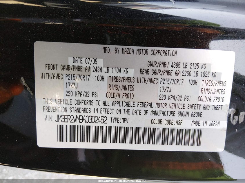 2010 Mazda Cx-7 I Sport VIN: JM3ER2WM9A0302462 Lot: 44819681