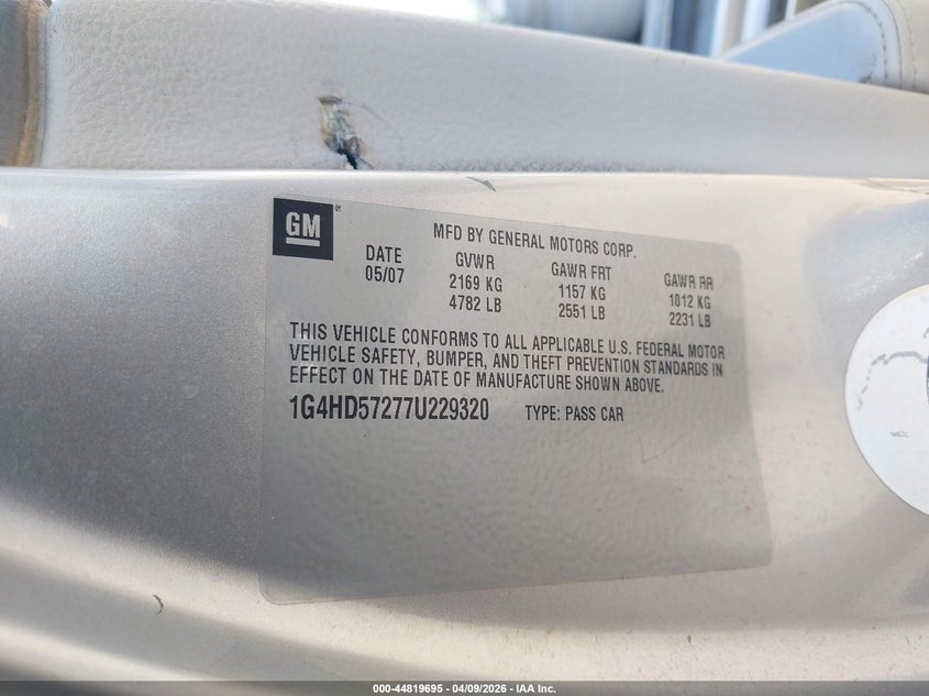 2007 Buick Lucerne Cxl VIN: 1G4HD57277U229320 Lot: 44819695