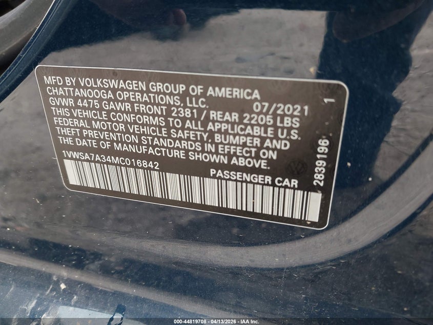 2021 Volkswagen Passat 2.0T Se VIN: 1VWSA7A34MC016842 Lot: 44819708