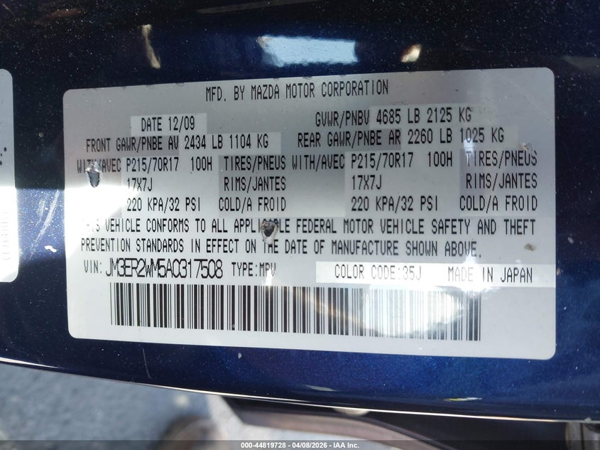 2010 Mazda Cx-7 I Sv VIN: JM3ER2WM5A0317508 Lot: 44819728