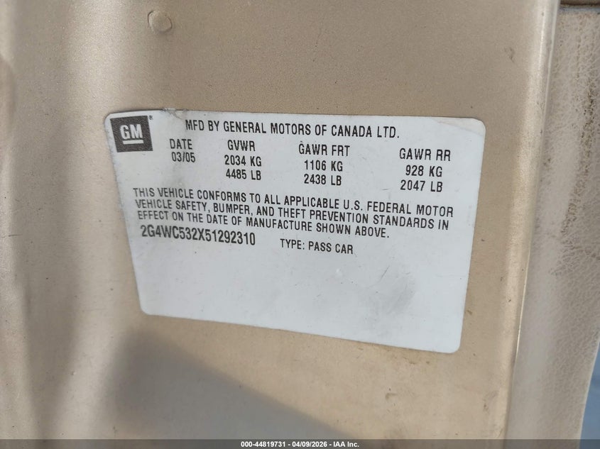 2005 Buick Lacrosse Cx VIN: 2G4WC532X51292310 Lot: 44819731