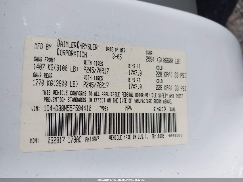 2005 Dodge Durango St VIN: 1D4HD38N55F594410 Lot: 44819765