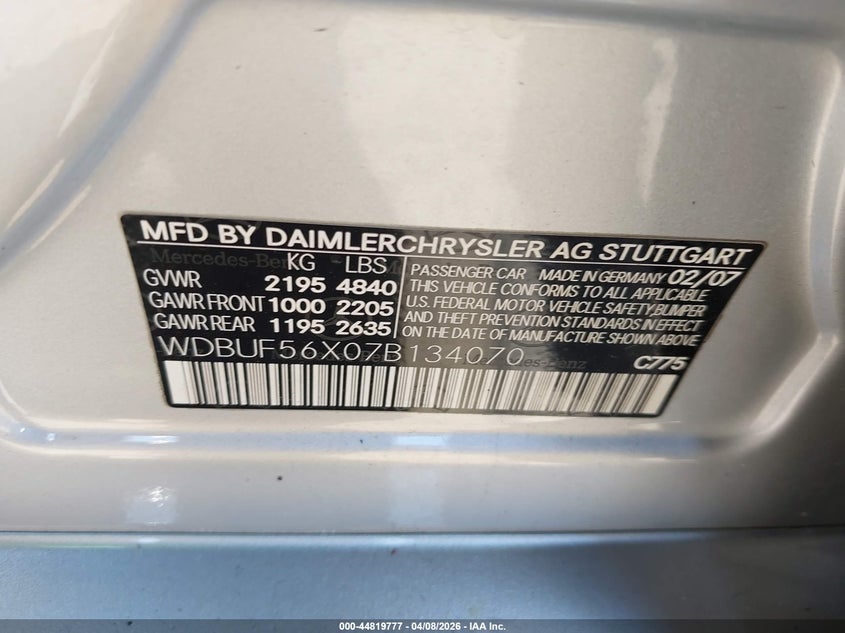 2007 Mercedes-Benz E 350 VIN: WDBUF56X07B134070 Lot: 44819777