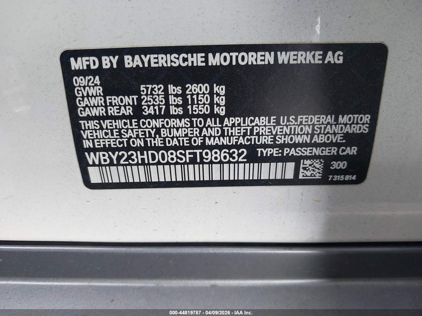 2025 BMW I4 Gran Coupe Edrive40 VIN: WBY23HD08SFT98632 Lot: 44819787