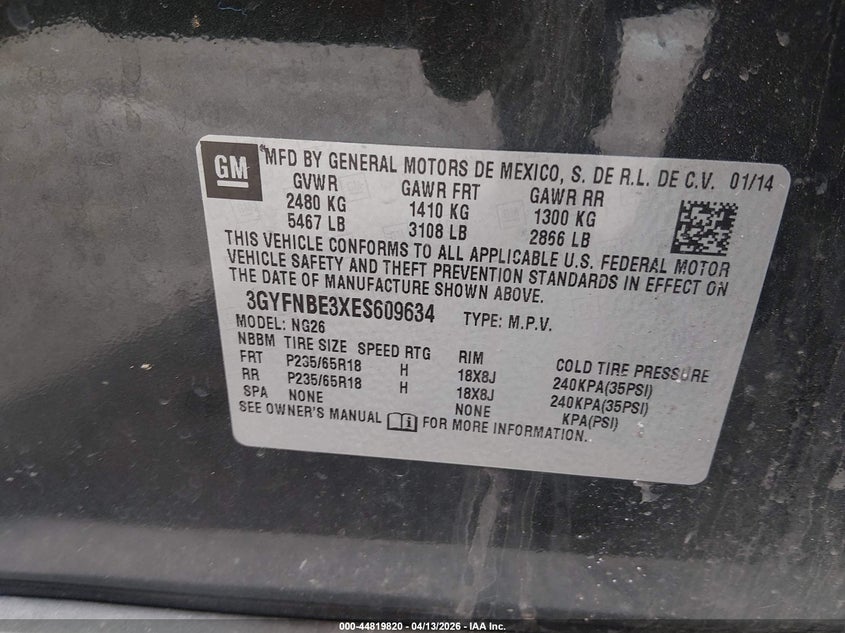 2014 Cadillac Srx Luxury Collection VIN: 3GYFNBE3XES609634 Lot: 44819820