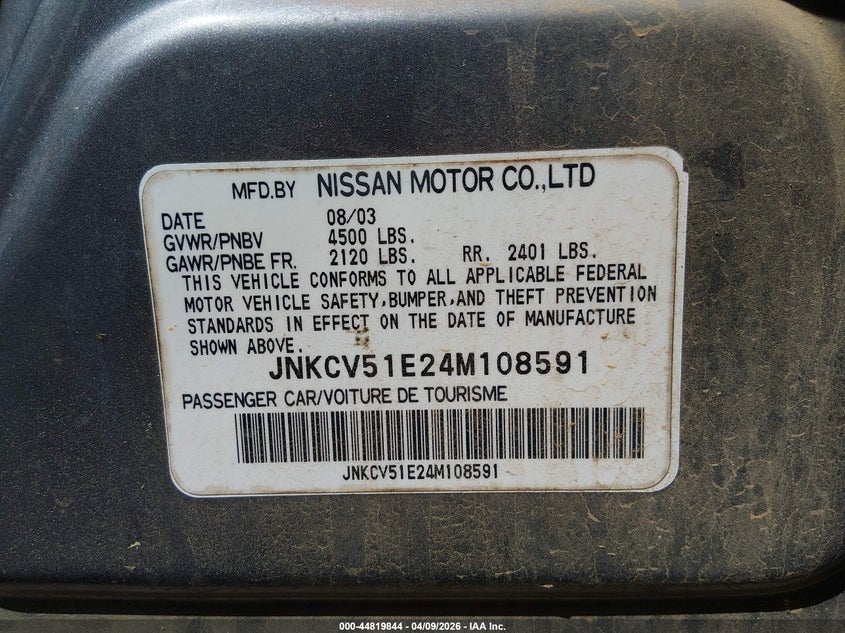 2004 Infiniti G35 VIN: JNKCV51E24M108591 Lot: 44819844