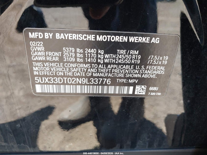 2022 BMW X4 xDrive30I VIN: 5UX33DT02N9L33776 Lot: 44819858