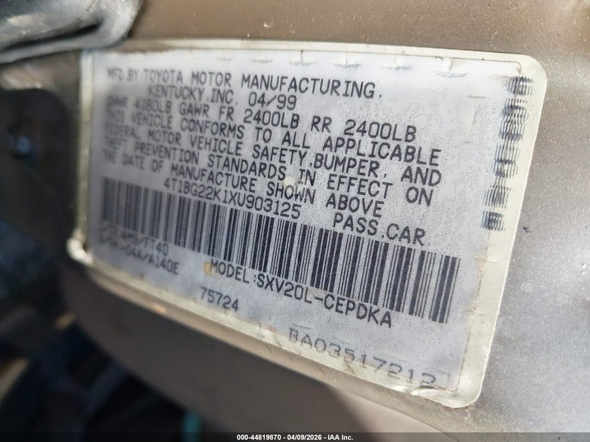 1999 Toyota Camry Ce VIN: 4T1BG22K1XU903125 Lot: 44819870