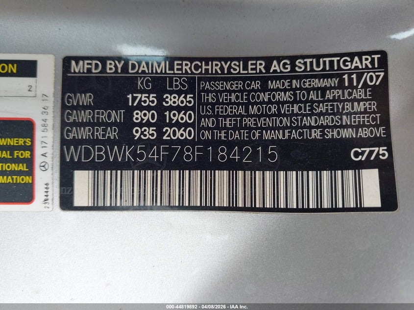 2008 Mercedes-Benz Slk 280 VIN: WDBWK54F78F184215 Lot: 44819892
