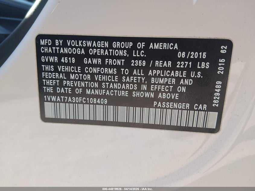 2015 Volkswagen Passat 1.8T Limited Edition VIN: 1VWAT7A30FC108409 Lot: 44819926