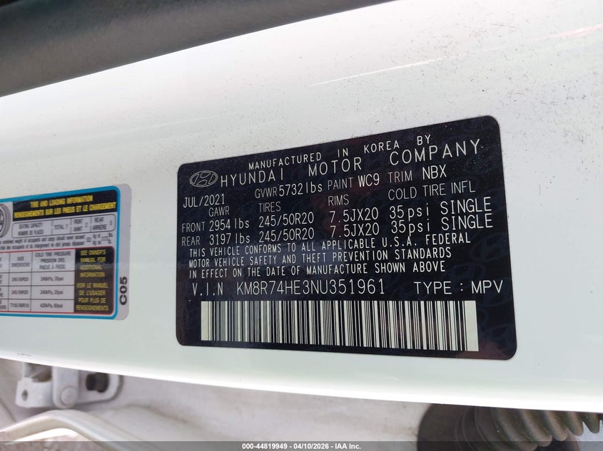 2022 Hyundai Palisade Calligraphy VIN: KM8R74HE3NU351961 Lot: 44819949