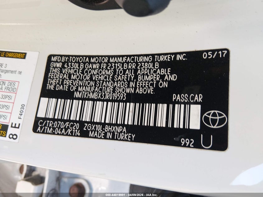 2018 Toyota C-Hr Xle Premium VIN: NMTKHMBX3JR019593 Lot: 44819991