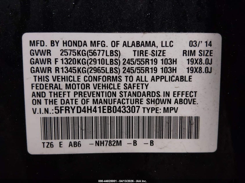 2014 Acura Mdx Technology Package VIN: 5FRYD4H41EB043307 Lot: 44820001