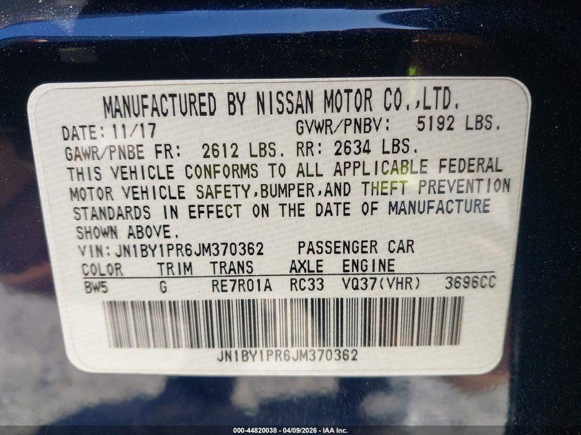 2018 Infiniti Q70L 3.7X Luxe VIN: JN1BY1PR6JM370362 Lot: 44820038