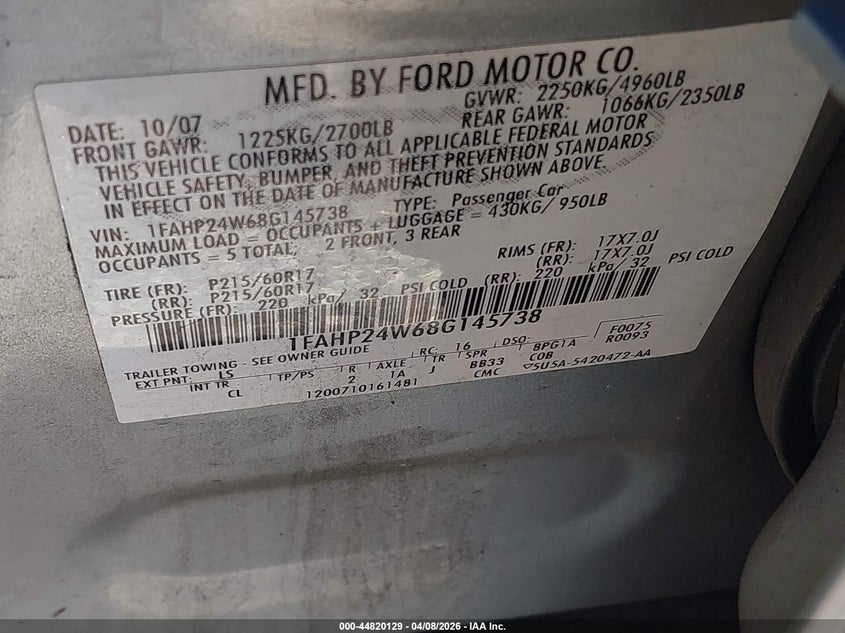 2008 Ford Taurus Sel VIN: 1FAHP24W68G145738 Lot: 44820129