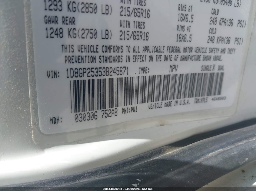 2003 Dodge Caravan Se VIN: 1D8GP25353B245671 Lot: 44820233