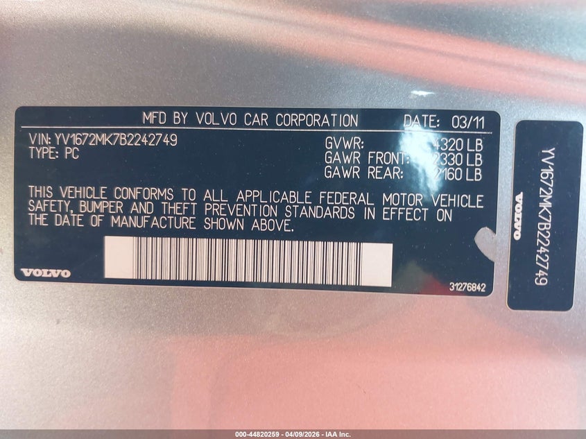 2011 Volvo C30 T5 R-Design VIN: YV1672MK7B2242749 Lot: 44820259