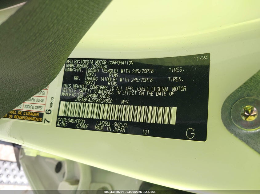 2025 Toyota Land Cruiser 1958 VIN: JTEABFAJ2SK024800 Lot: 44820261