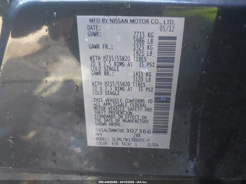 2013 Infiniti Jx35 VIN: 5N1AL0MM7DC307366 Lot: 44820268