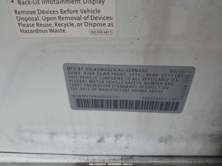 2010 Volkswagen Cc Sport VIN: WVWMN7AN5AE555701 Lot: 44820278