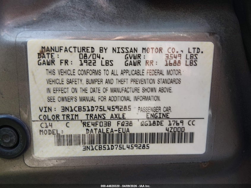 2005 Nissan Sentra 1.8S VIN: 3N1CB51D75L459285 Lot: 44820320