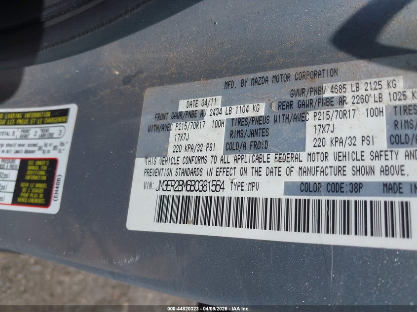 2011 Mazda Cx-7 I Sport VIN: JM3ER2BM6B0381564 Lot: 44820323