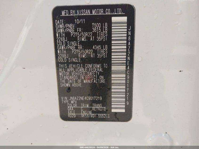 2012 Infiniti Qx56 VIN: JN8AZ2NE4C9017219 Lot: 44820324