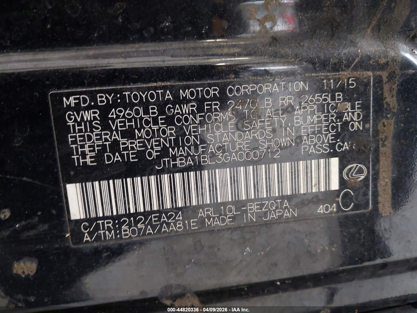 2016 Lexus Gs 200T VIN: JTHBA1BL3GA000712 Lot: 44820336