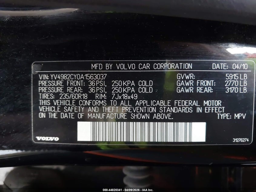 2010 Volvo Xc90 3.2 VIN: YV4982CY0A1563037 Lot: 44820341