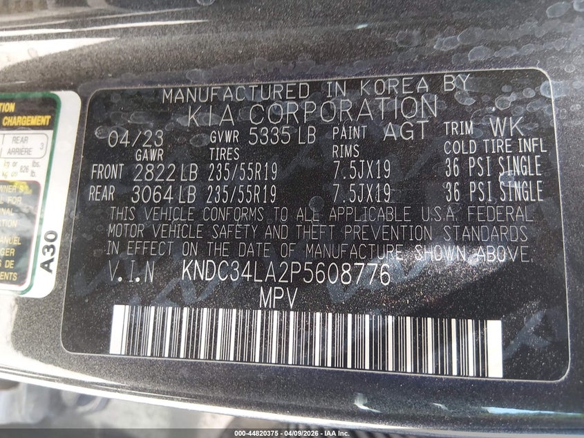 2023 Kia Ev6 Wind VIN: KNDC34LA2P5608776 Lot: 44820375