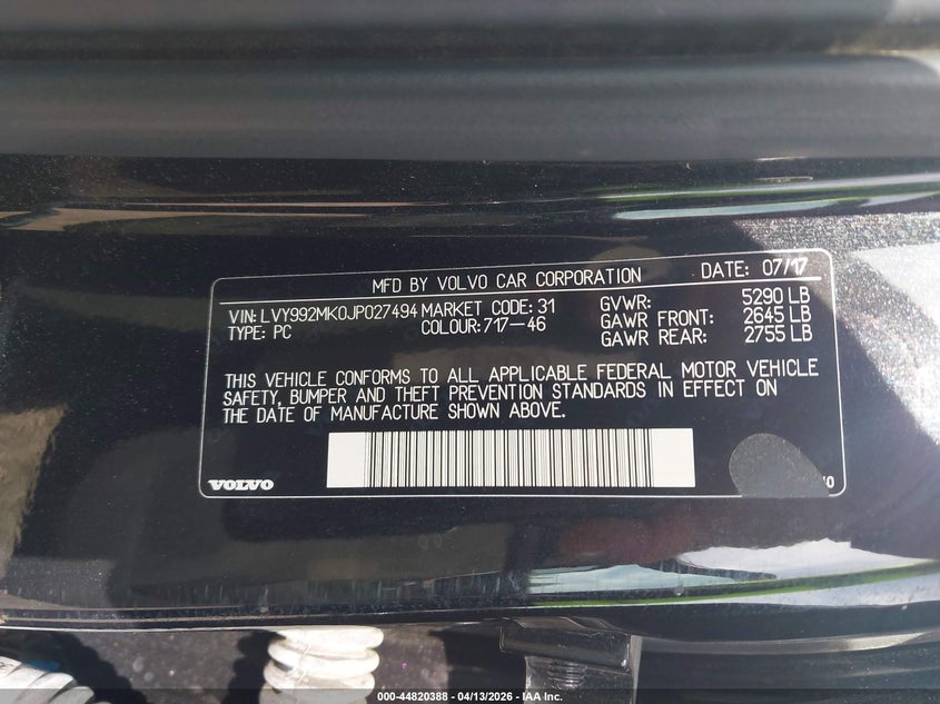 2018 Volvo S90 T6 Momentum VIN: LVY992MK0JP027494 Lot: 44820388