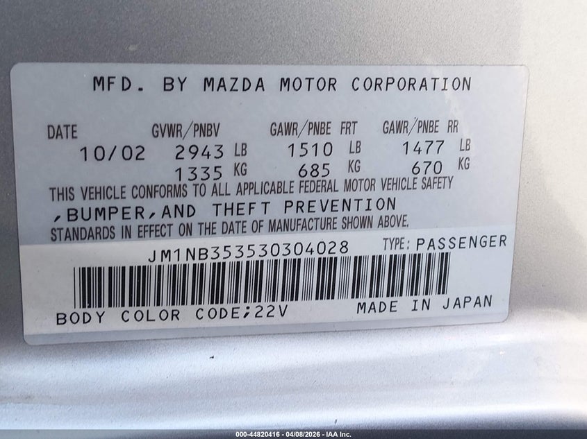 2003 Mazda Mx-5 Miata Cloth/Ls/Se/Shinsen VIN: JM1NB353530304028 Lot: 44820416