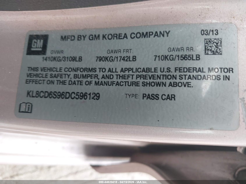 2013 Chevrolet Spark 1Lt Auto VIN: KL8CD6S96DC596129 Lot: 44820418