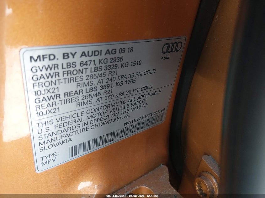 2019 Audi Q8 55 Premium VIN: WA1BVAF16KD007265 Lot: 44820448