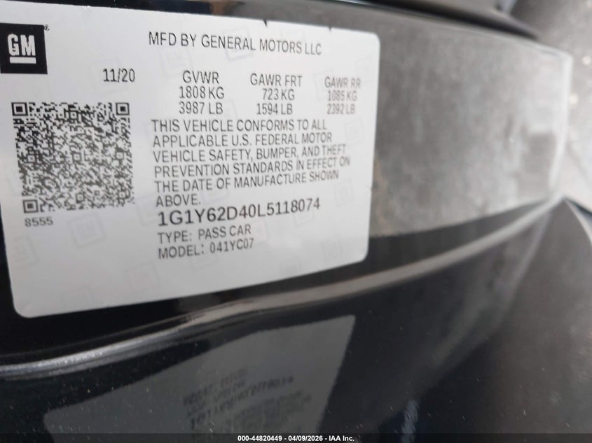 2020 Chevrolet Corvette Stingray Rwd 1Lt VIN: 1G1Y62D40L5118074 Lot: 44820449