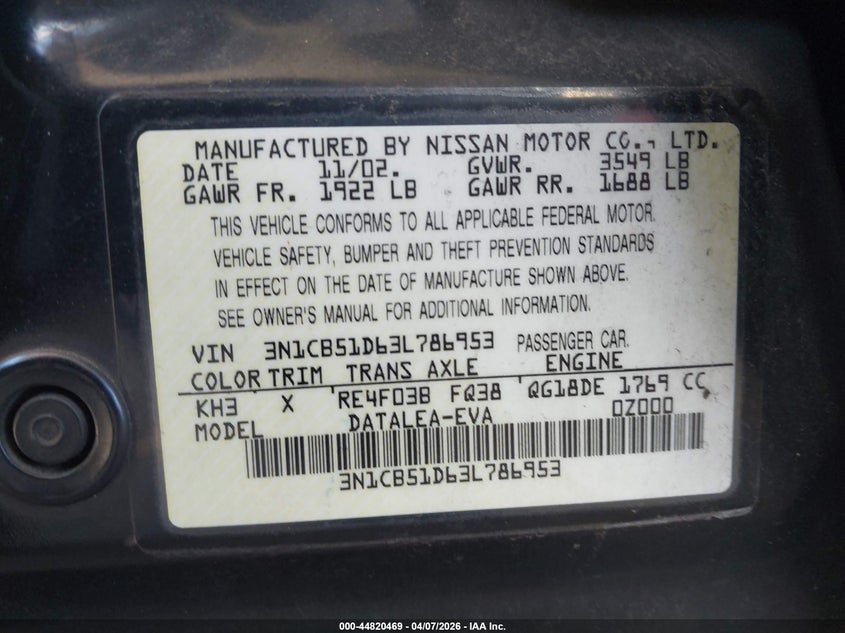 2003 Nissan Sentra Gxe/Xe VIN: 3N1CB51D63L786953 Lot: 44820469