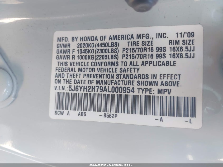2010 Honda Element Ex VIN: 5J6YH2H79AL000954 Lot: 44820536
