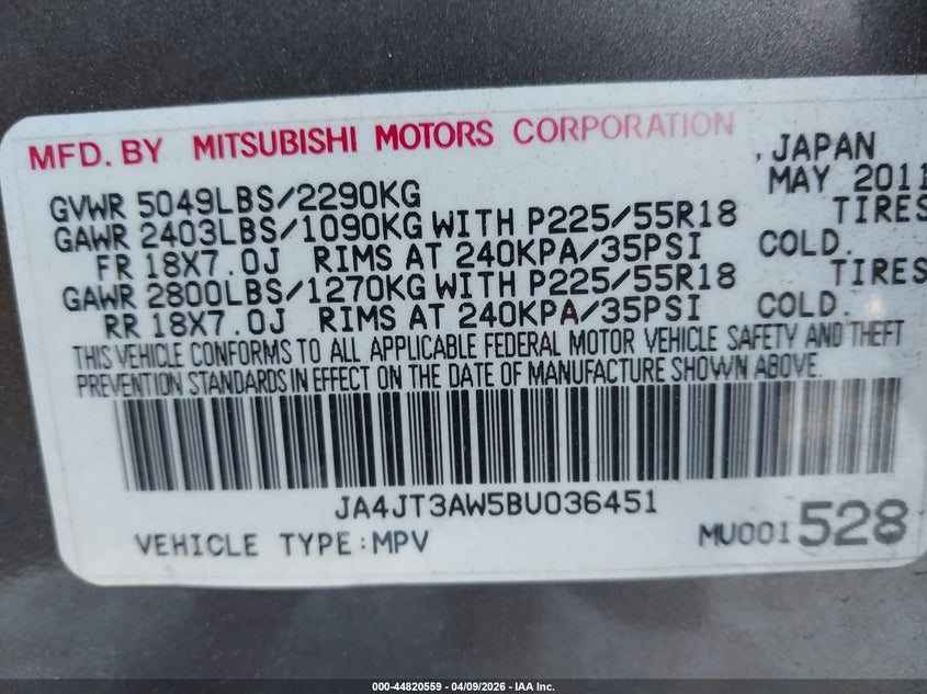 2011 Mitsubishi Outlander Se VIN: JA4JT3AW5BU036451 Lot: 44820559