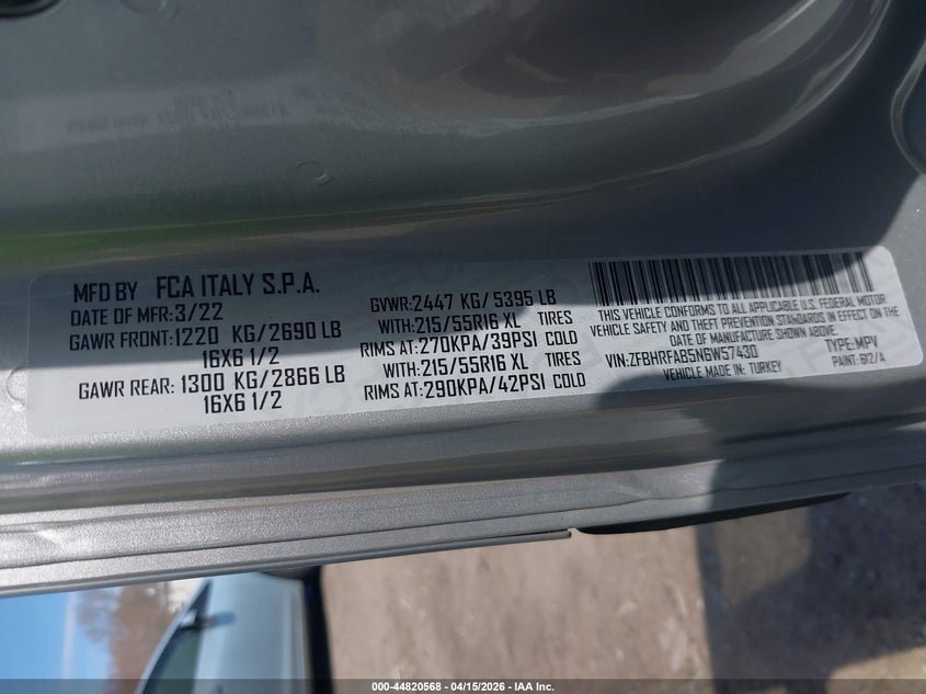 2022 Ram Promaster City Cargo Van VIN: ZFBHRFAB5N6W57430 Lot: 44820568