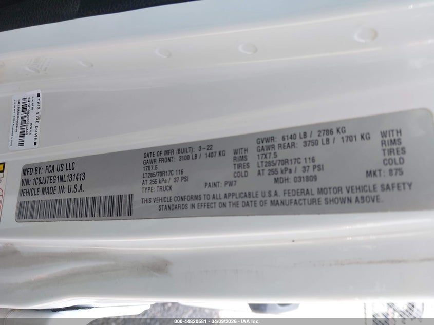 2022 Jeep Gladiator Mojave 4X4 VIN: 1C6JJTEG1NL131413 Lot: 44820581