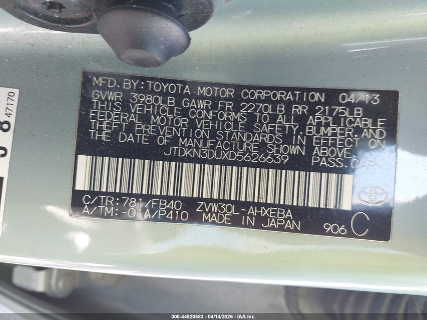 2013 Toyota Prius Three VIN: JTDKN3DUXD5626639 Lot: 44820583